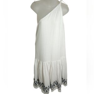 Roller Rabbit White Cotton One Shoulder Maxi Dress Embroidered Hem Boho Medium
